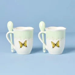 Butterfly Meadow Green Mugs with Spoons, Set of 2