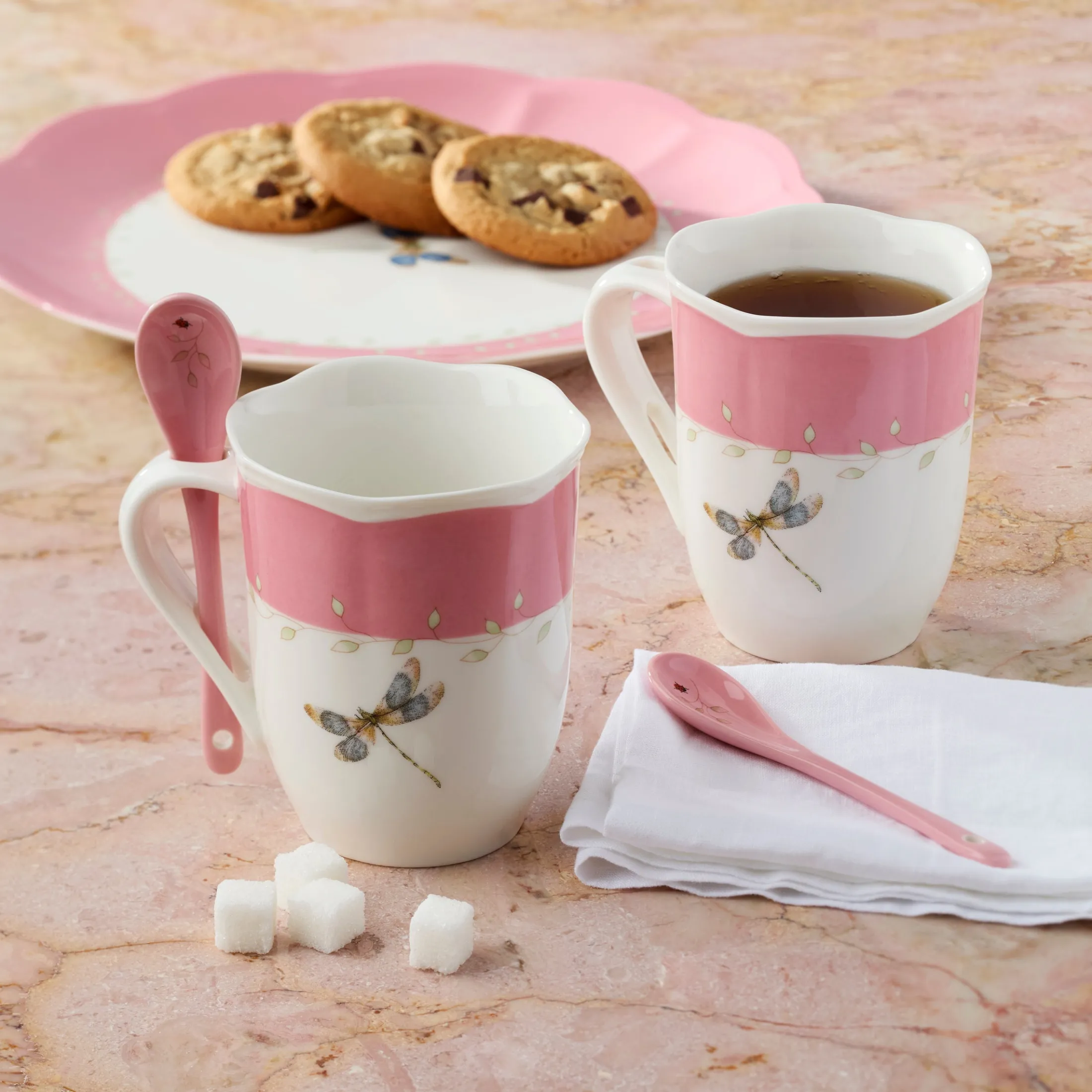 Butterfly Meadow Pink Mugs with Spoons, Set of 2