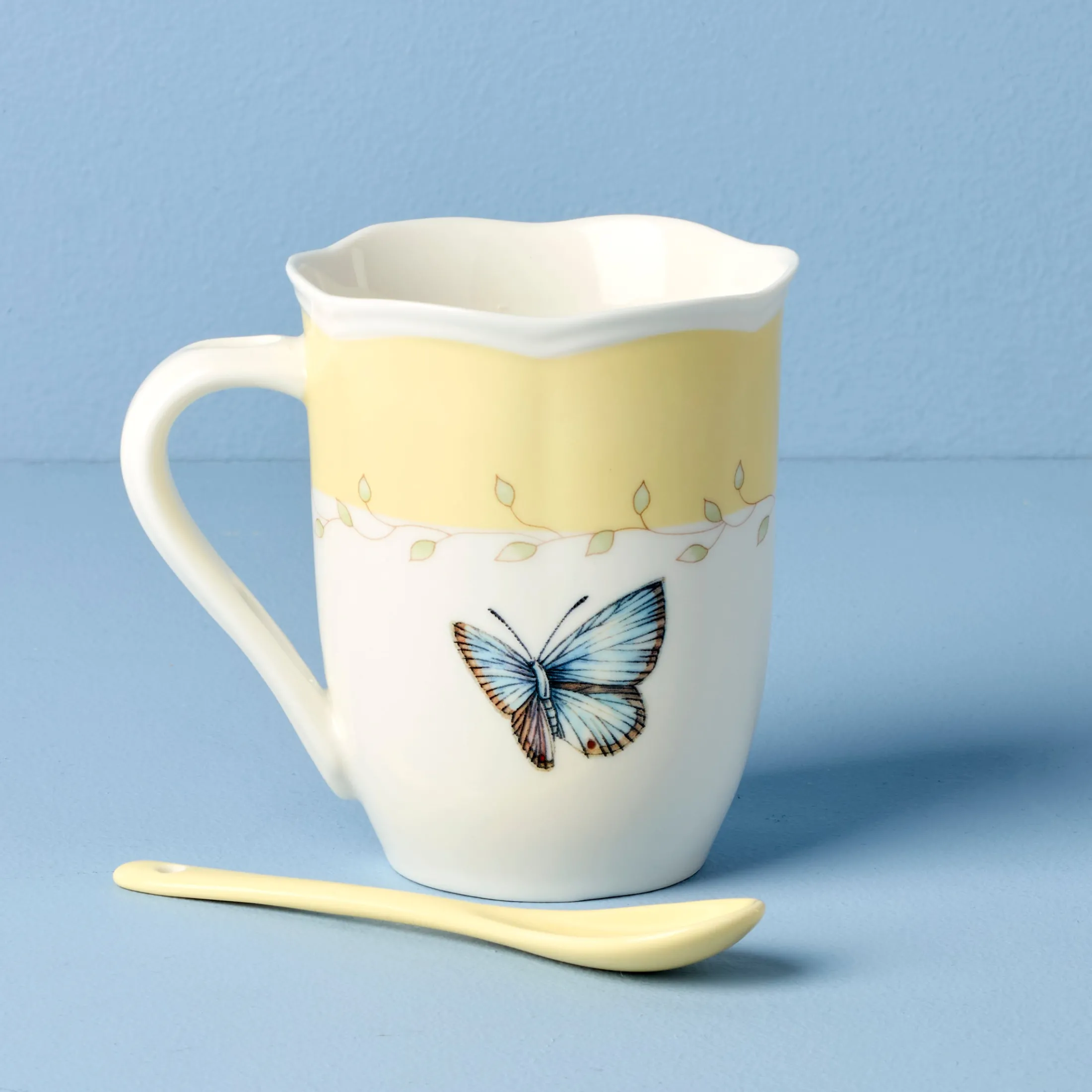 Butterfly Meadow Yellow Mugs with Spoons, Set of 2