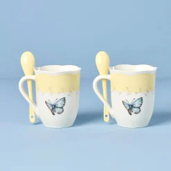 Butterfly Meadow Yellow Mugs with Spoons, Set of 2