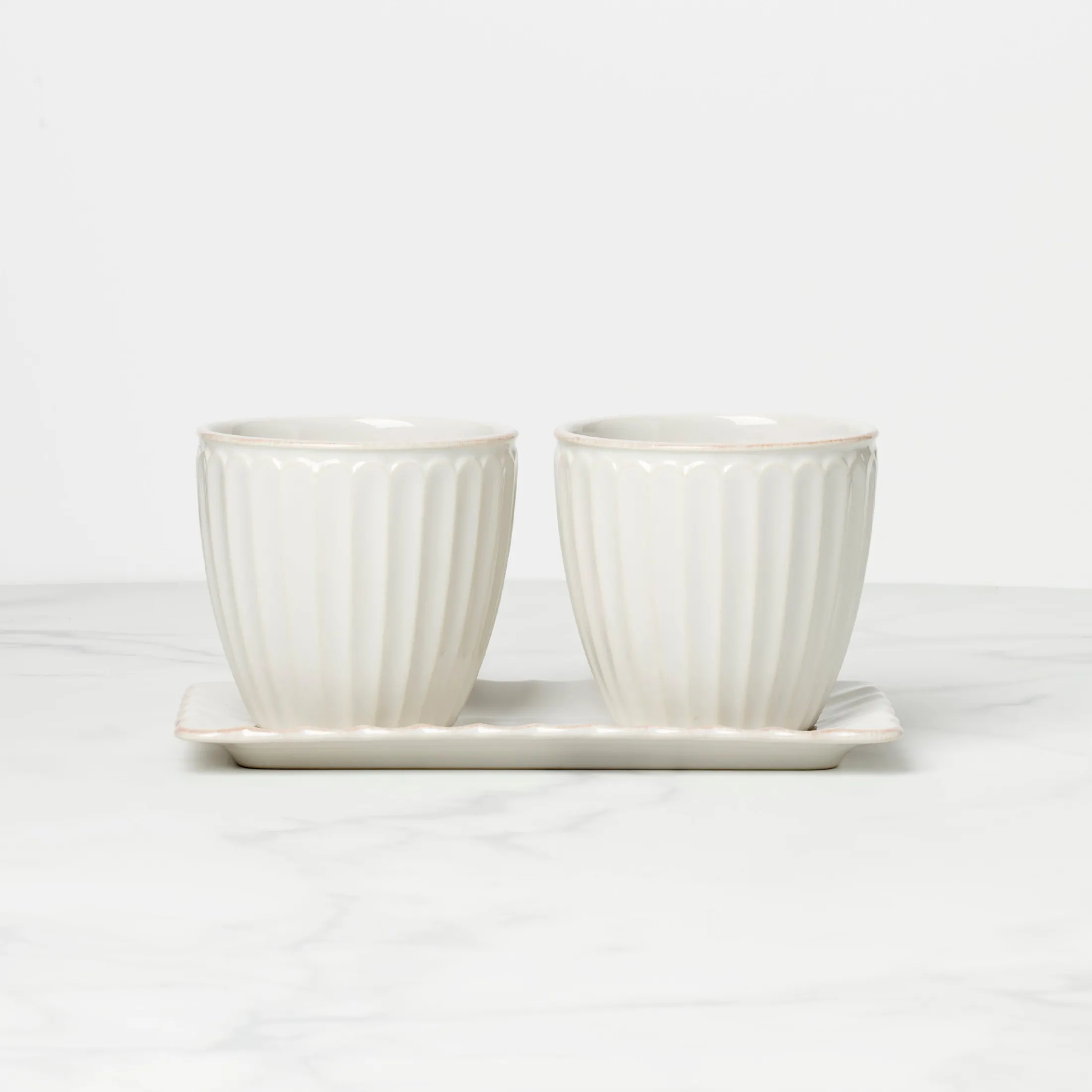French Perle Scallop White 3-Piece Herb Pot Set